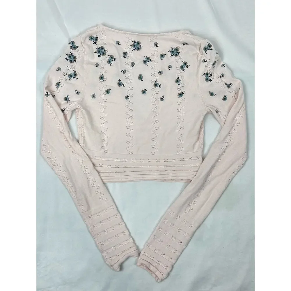 INTIMATELY FREE PEOPLE Chill Out Pointelle Crop Top Pink Floral Boho V-Neck XS